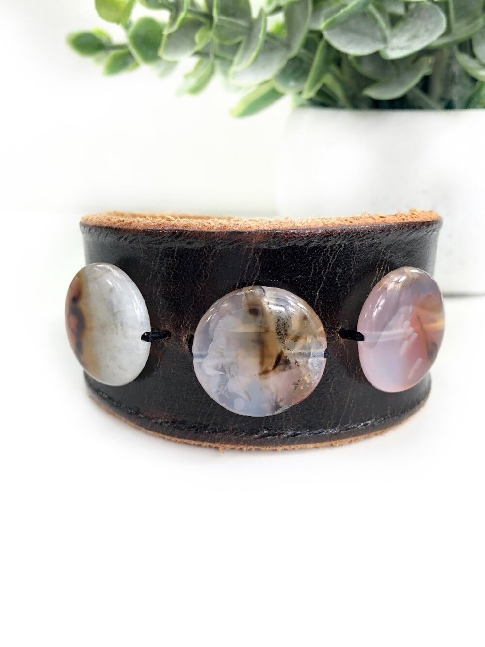 MishaGirl Handmade Leather Cuff Bracelet: Crystal Agate Beads